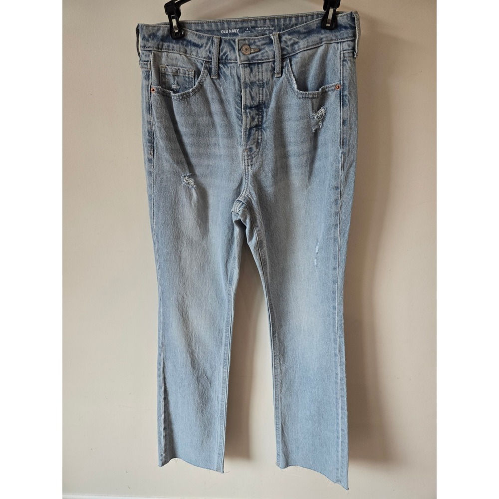 Old Navy Kicker Boot-Cut Extra High-Rise Jeans Light Wash Raw Hem 4 Petite